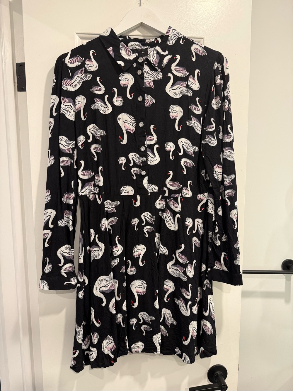 Hell Bunny Black Swan-Print Shirt Dress with Pink Accents